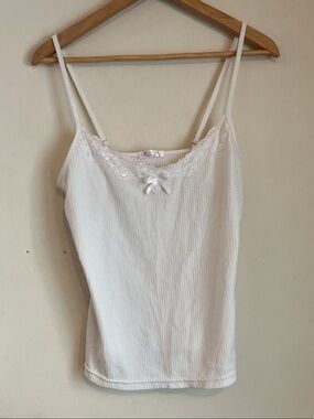 Lace-Trim White Ribbed Cami with Bow Detail